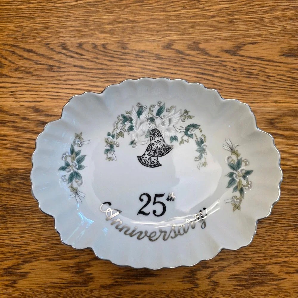 25th Silver Anniversary Porcelain Trinket Dish Scalloped Oval Tray Doves Bells